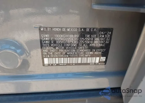 2024 Honda Hr-V 2Wd Sport/2Wd Sport W/O Bsi z USA, uszkodzony, nr VIN 3CZRZ1H53RM758325